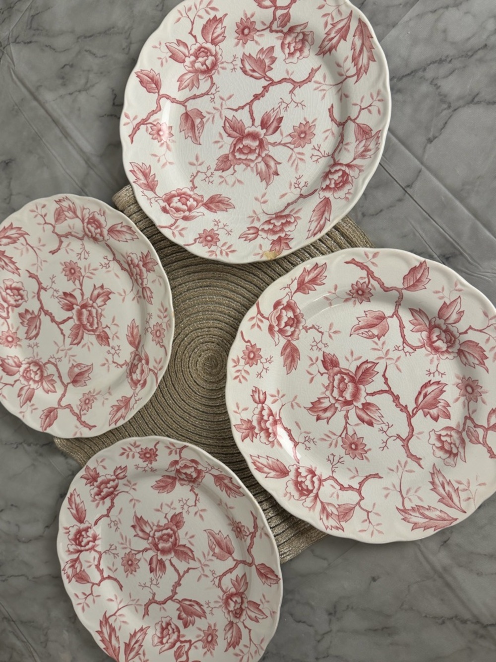 Vintage Pink Red Floral Ironstone Dinner Plates Set of 4 Cottagecore Shabby Chic